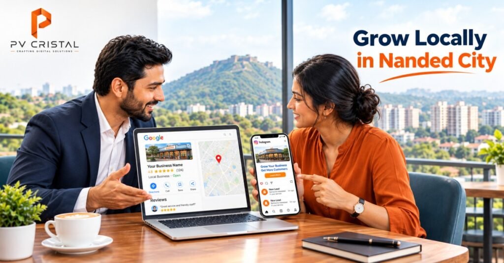 Local business owner reviewing Google Maps and Meta Ads results with a digital marketing agency in Nanded City